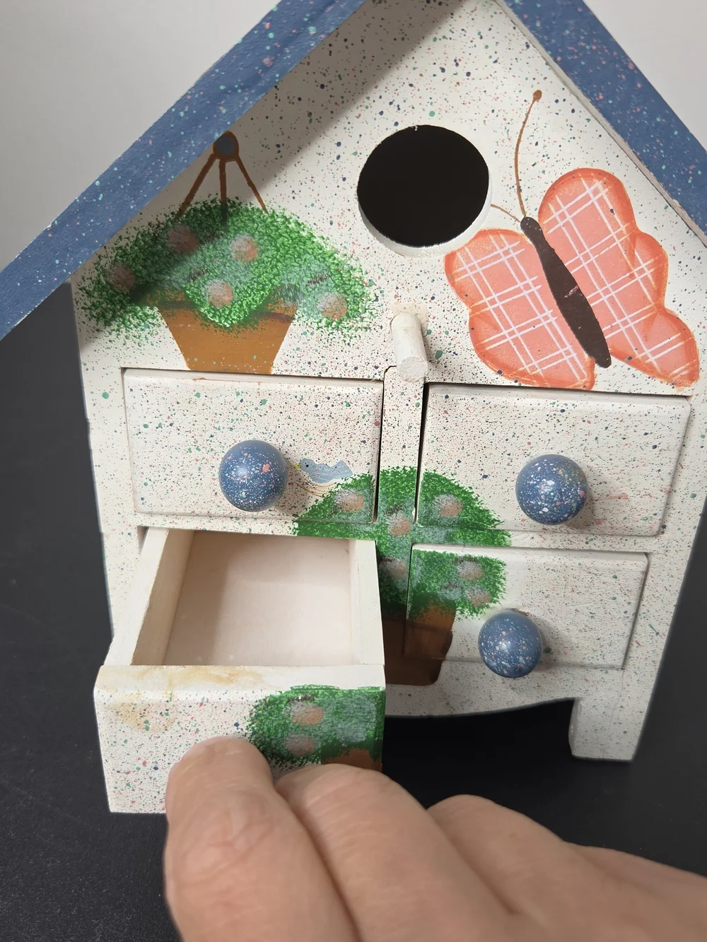 Hand-Painted White & Blue Decorative Mini Chest Birdhouse with Butterfly Accent